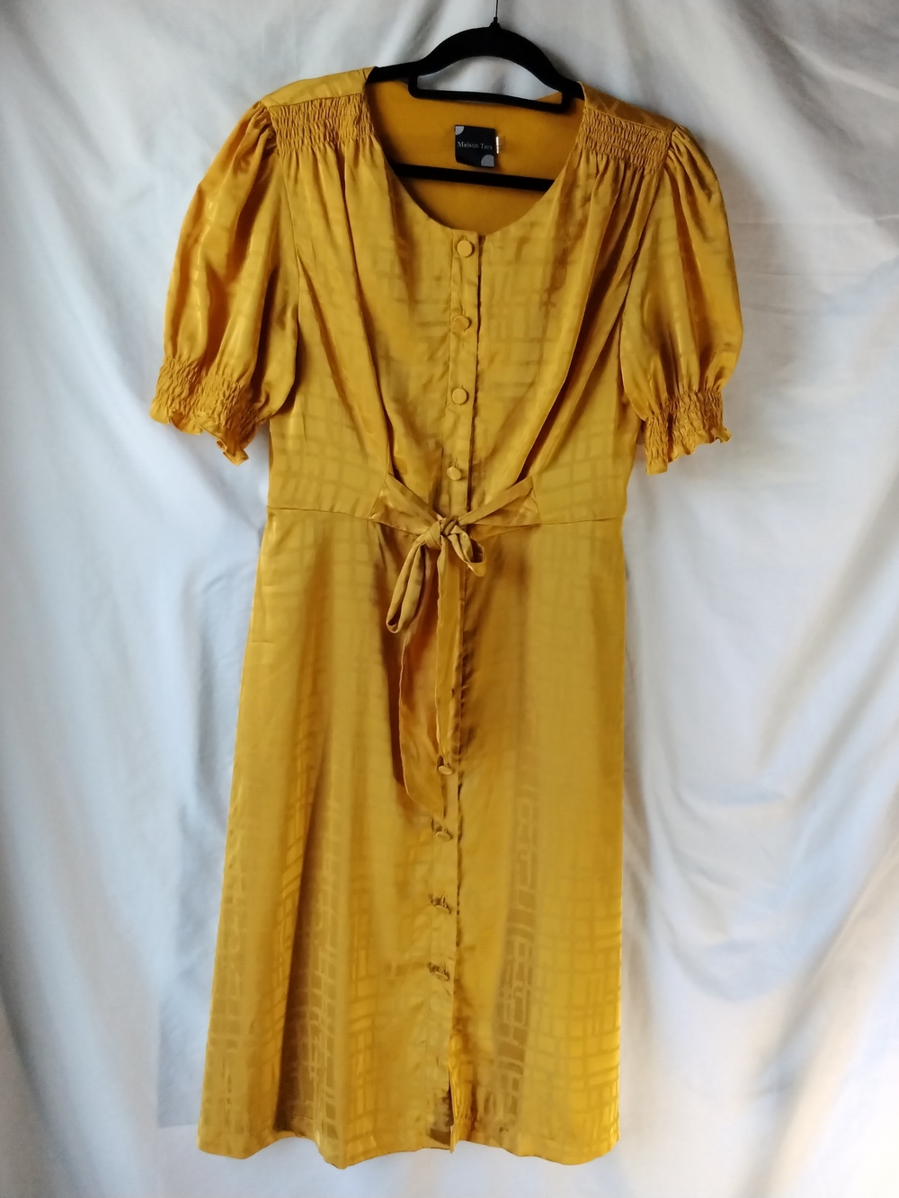 Maison Tara Mustard Yellow Button-Front Midi Dress with Tie